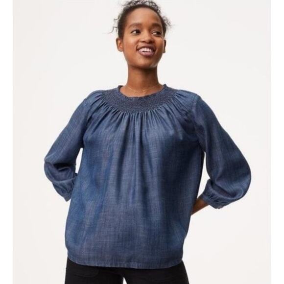 Loft Womens L Chambray Smoked Lyocell Blue Long Sleeve Blouse Casual Lightweight - Picture 1 of 6
